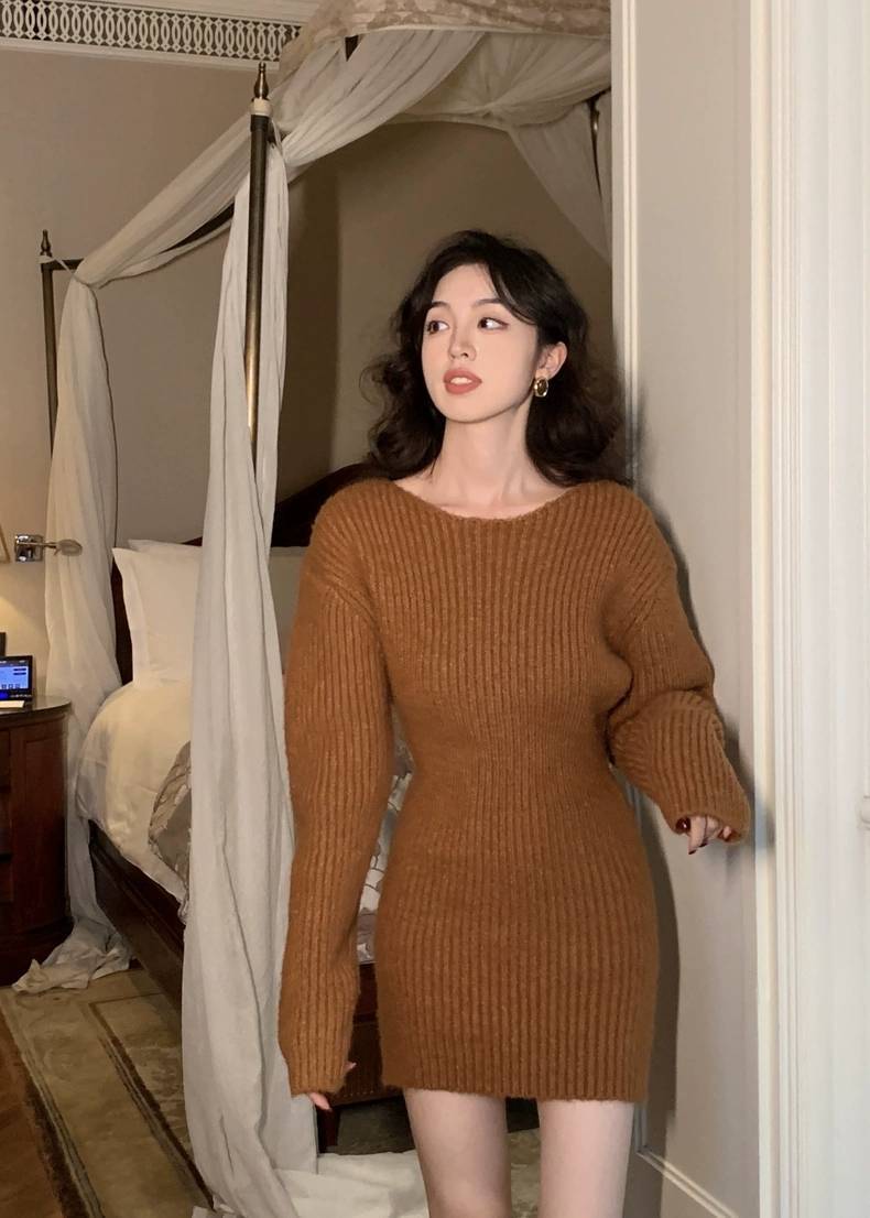 Aiertu outfits Korean Style Thick Wool Knitted Skirt Dress Women's Autumn and Winter French Temperament Slim Skirt Sweater aiertu