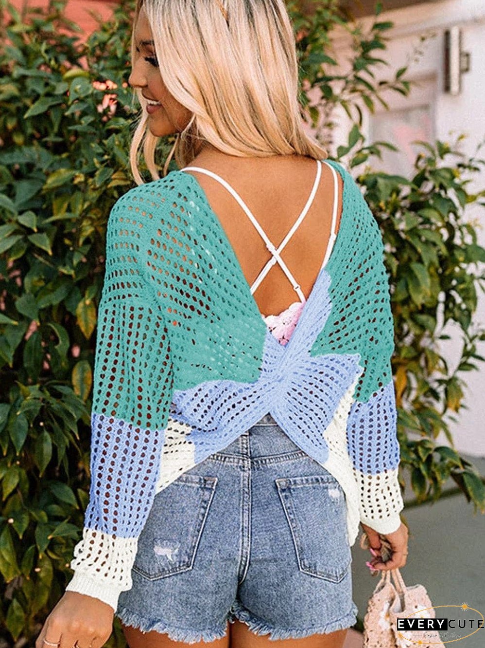 Colorful Eyelet Twist Back Knit Top with Long Sleeves