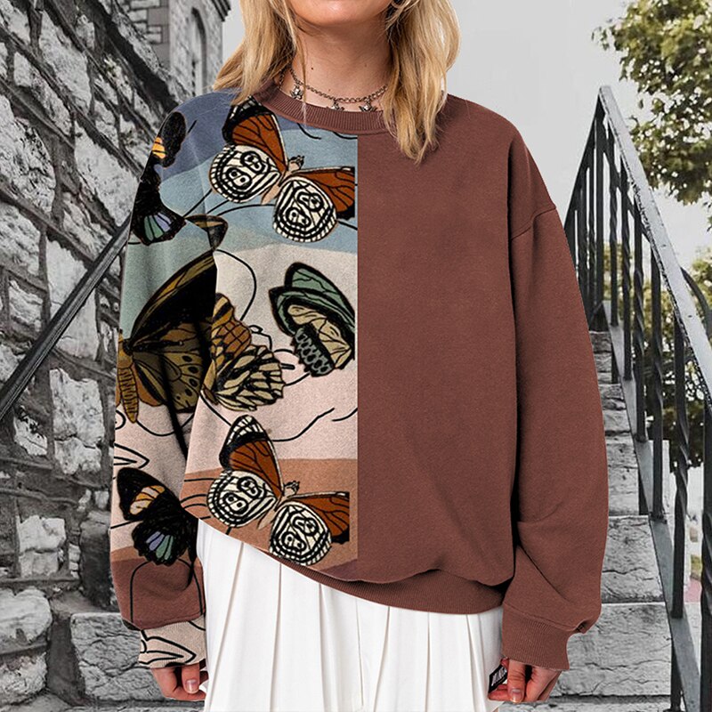 Women Butterfly Brown Oversize Patchwork Sweatshirts