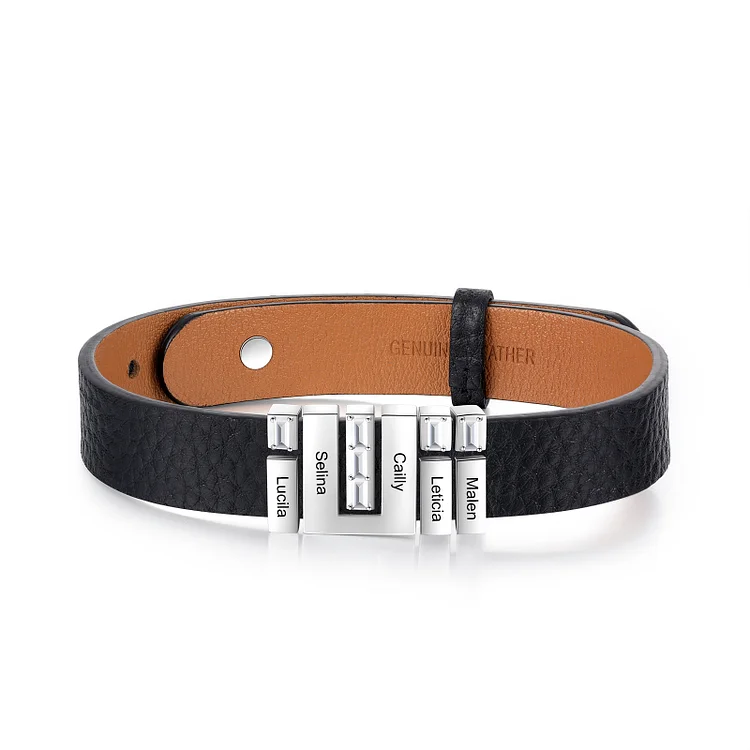 Personalized Men Leather Bracelet Custom 5 Names Family Bracelet for Him
