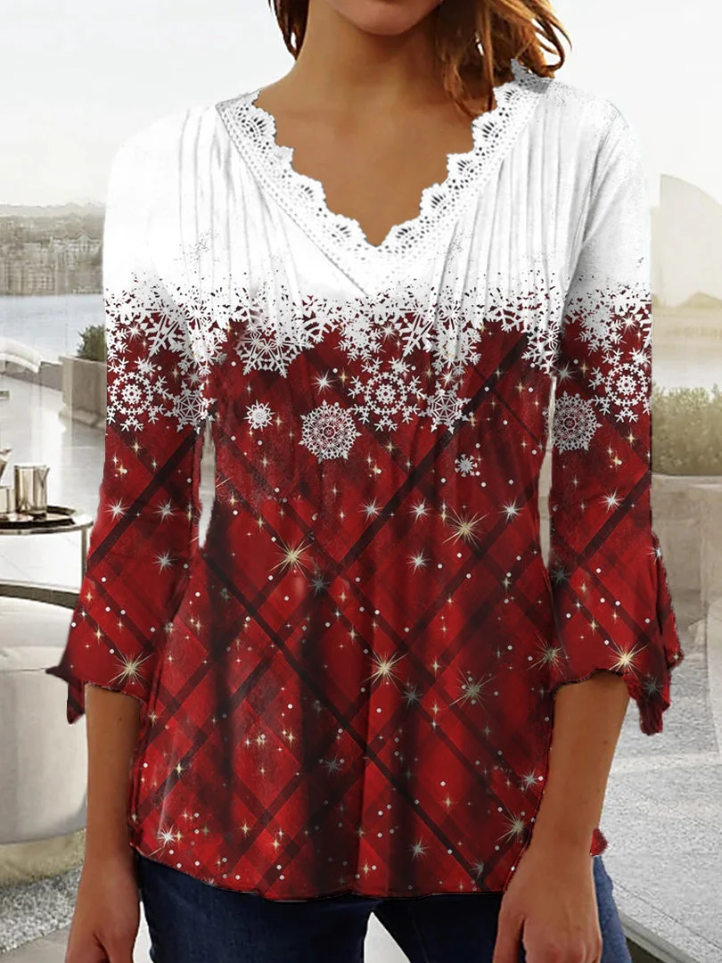 Women's 3/4 Sleeve V-neck Graphic Lace Christmas Top