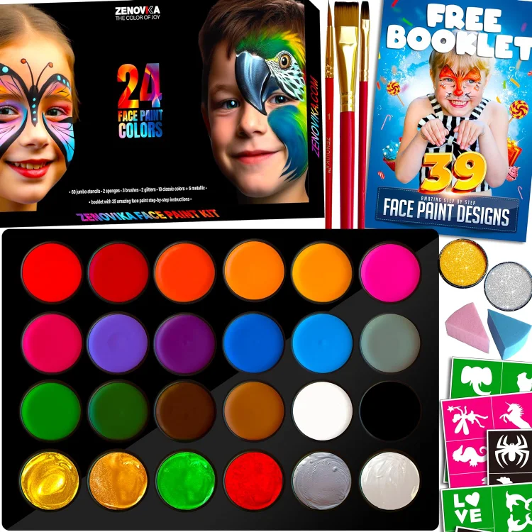 Zenovika Face Painting Kit for Kids - Non-Toxic and Hypoallergenic Face  Paint Kit with 28 Colors, Stencils, Book, and Professional Halloween Makeup