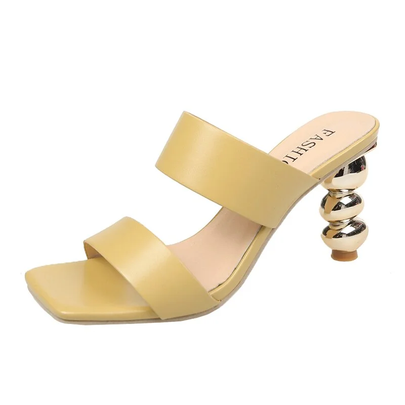 Qengg Design Metal Strange High Heels Summer Women Slipper Elegant Square Toe Slip-On Sliders Shoes Ladies Sandals Size 42
