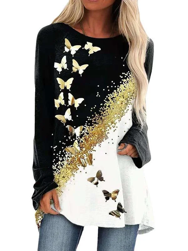 Women's Scoop Neck Long Sleeve Printed Tops
