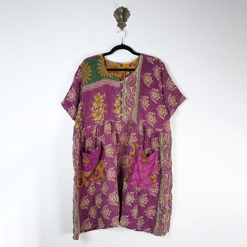 Women's Retro Bohemian Floral Pattern Short Sleeve Pocket Loose Midi Dress wearshes