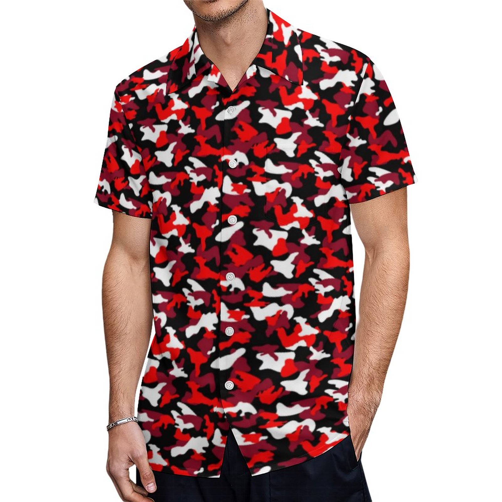 Red Black White Neon Red Camouflage Hawaiian Shirt Mens Button Down Plus Size Tropical Hawaii Beach Shirts