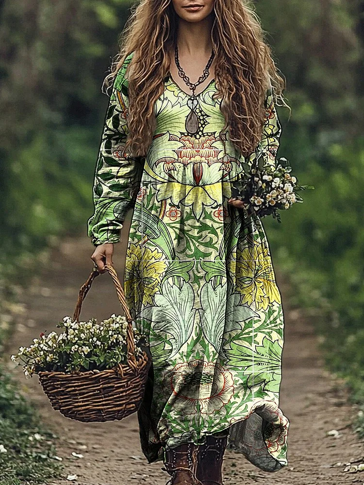 Women's Vintage Floral Art Print Pocket Cotton V Neck Long Sleeve Dress