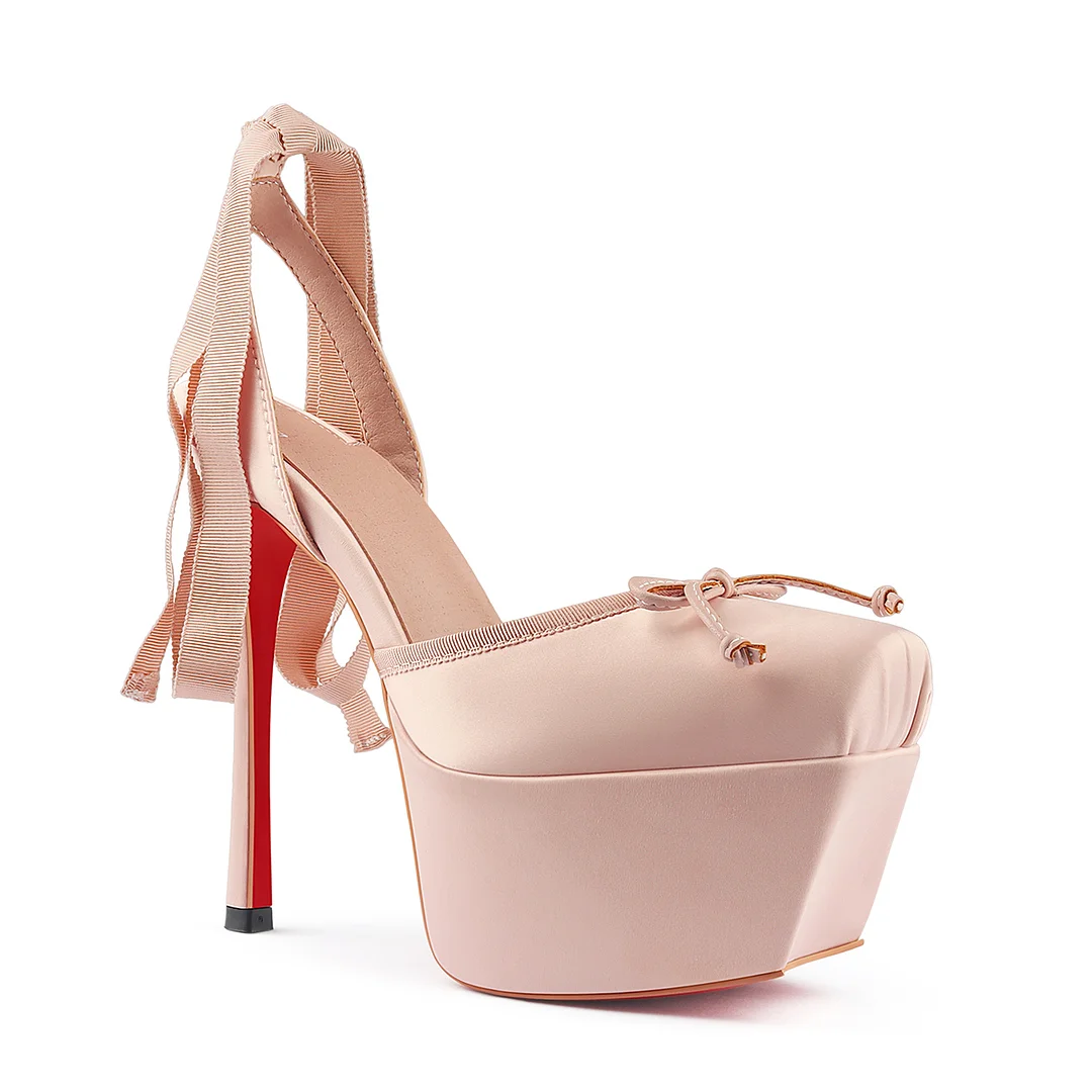 145mm Women's Strappy Crepe Satin Silk High Heel Lace Up Platform Red Bottom Wedding Banquet Sandals-MERUMOTE