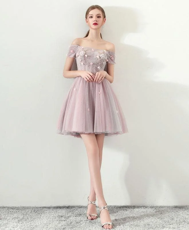 Cute Tulle Off Shoulder Short Prom Dress, Bean Powder Homecoming Dress
