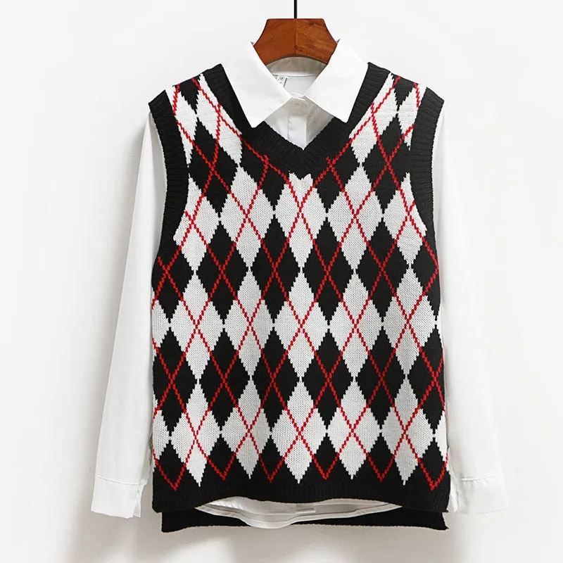 Knitted Vest Vangull Argyle Fashion  Women Casual Korean Pullover Elasticity Sweater Spring Autumn Sleeveless V-Neck Tank Tops