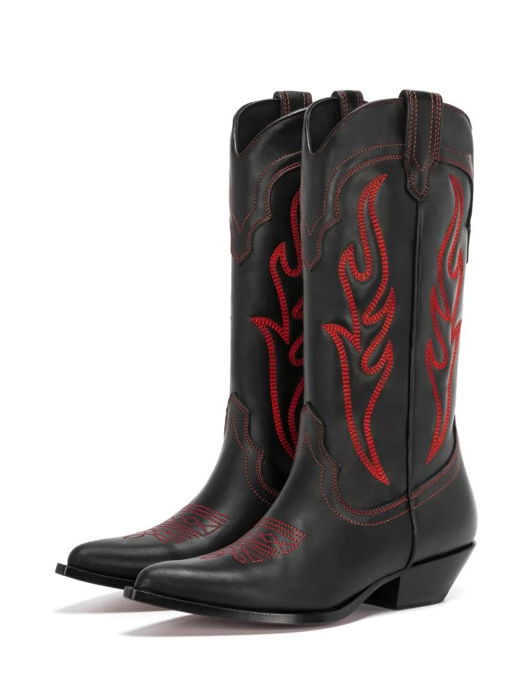 Black Pointy Block Heeled Wide Mid Calf Boots Red Embroidered Western Cowgirl Boots 