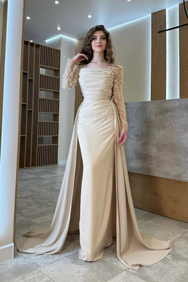 Oknass Long Sleeves Square Neck Long Mermaid Prom Dress With Pleated