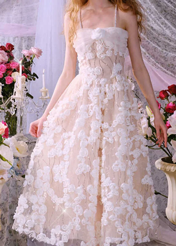 French Beige Embroidered Floral Tulle Spaghetti Strap Dress Summer