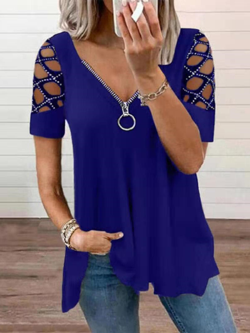 Women Short Sleeve U-neck Stitching Women Tops