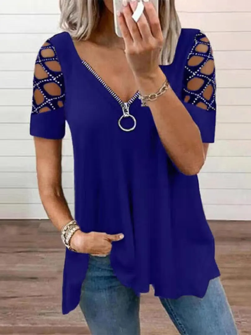 Women Short Sleeve U-neck Stitching Women Tops