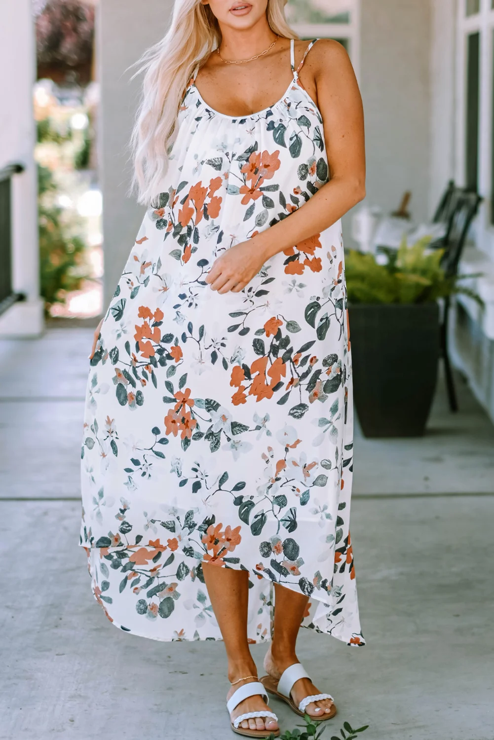White Floral Print Spaghetti Straps Maxi Dress | IFYHOME