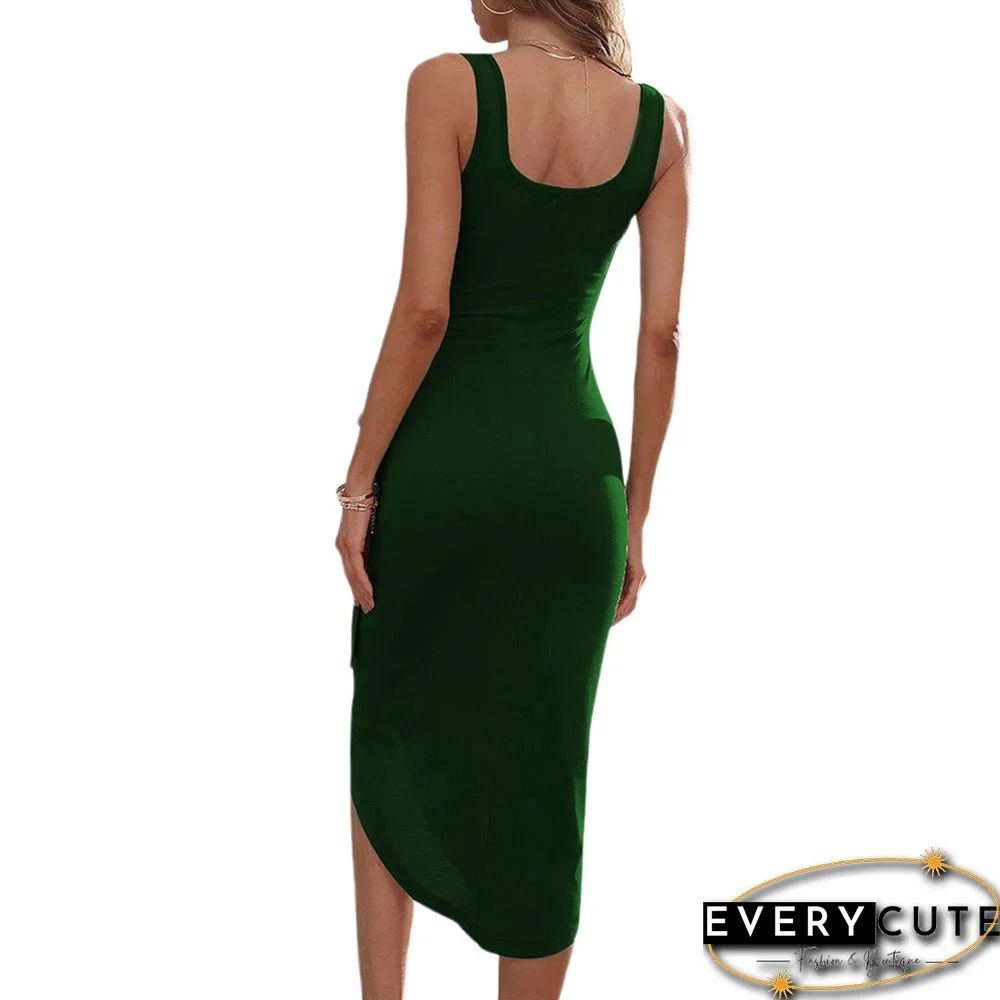 Green Square Neck Sleeveless Irregular Casual Dress