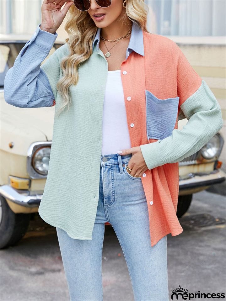 Vibrant Women's Contrast Color Lapel Long Sleeve Button Down Shirt