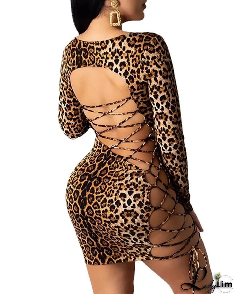 Women's Leopard Print Backless Lace-up Long Sleeve Dress