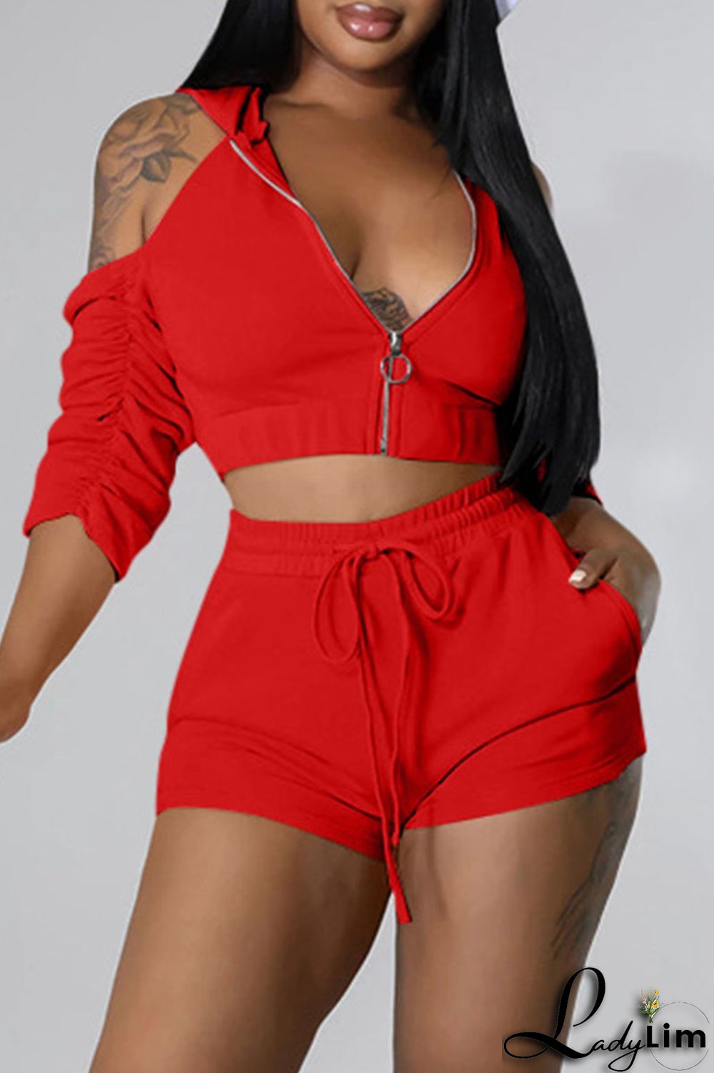 Rose Red Fashion Casual Solid Backless Fold Half A Turtleneck Half Sleeve Two Pieces