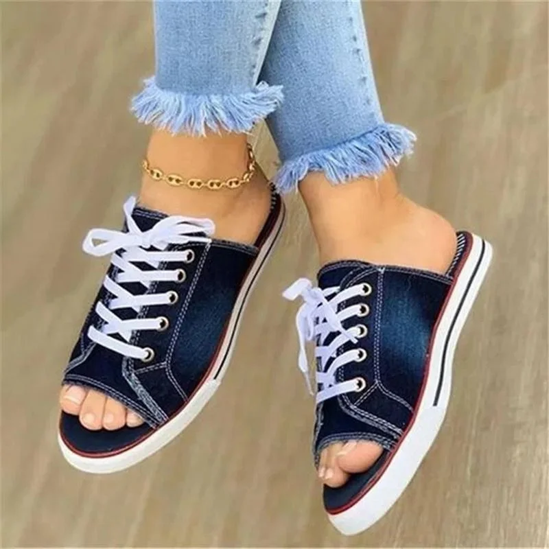 Yyvonne Spring And Summer Fish Mouth Denim Cloth With Casual Flat Bottom Lady Cool Slippers Large Size With Slippers Women