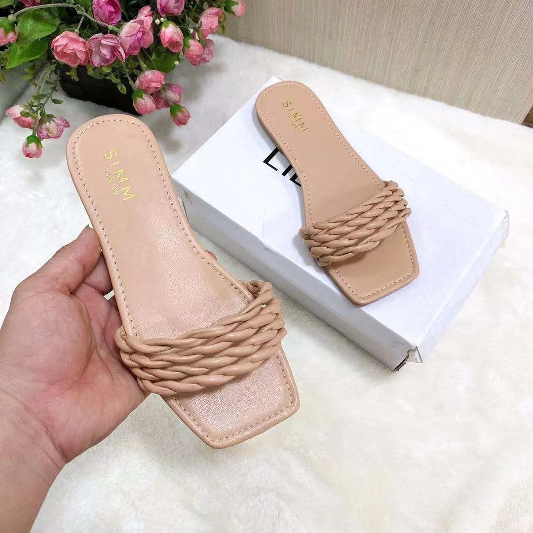 Qengg Women's Slides 2022 Fashion Twist Flat with Summer Beach Shoes Woman New Outside Wear Candy Color Party Slippers for Ladies