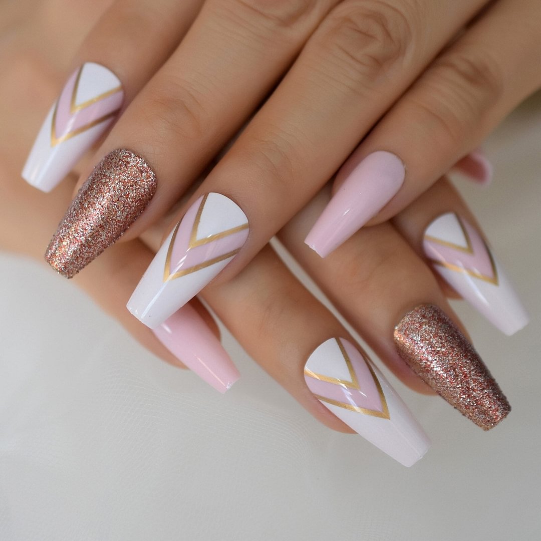 Ballerine Femme Acrylic Unghie Medium Nail Tips Press On Nail Designs Fake Nails Art Salon Home Glitter Cutting Line Design Set
