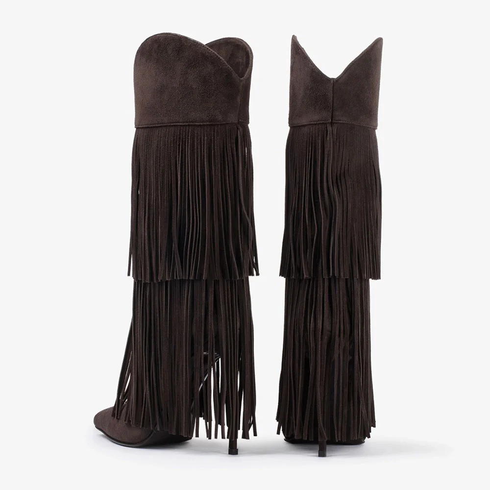 Brown Mid Calf Pointed Toe Stiletto High Heel Fringe Boots for Women