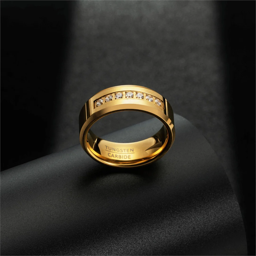 8MM Gold Cubic Zirconia Inlay Tungsten Carbide Men's Wedding Bands