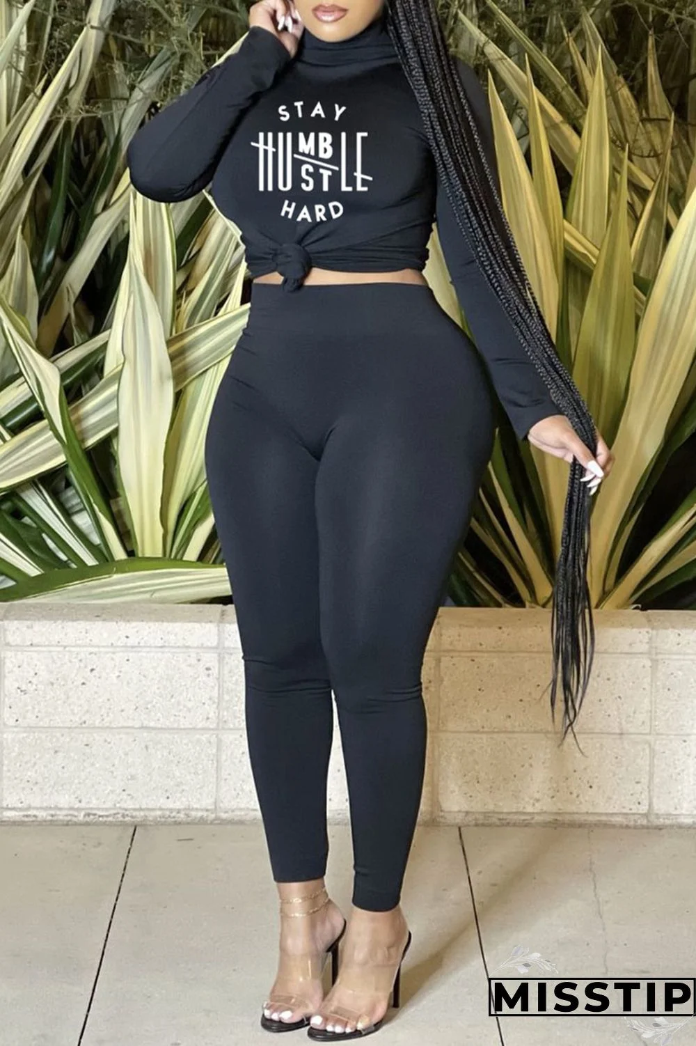 Blue Casual Sportswear Print Patchwork Turtleneck Long Sleeve Two Pieces