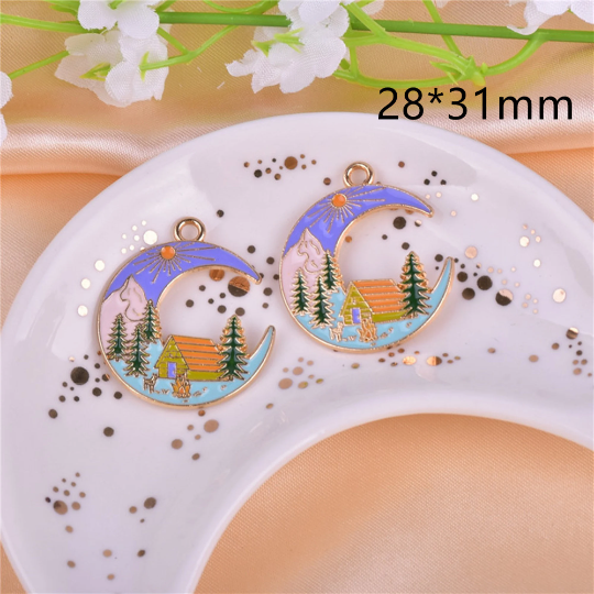 Bulk 10 30 Moon Mountain Charm Enamel Metal Vacation Bus Charm Pendant, Car charms DIY Necklace Bracelet Earring Key chain Jewelry Making
