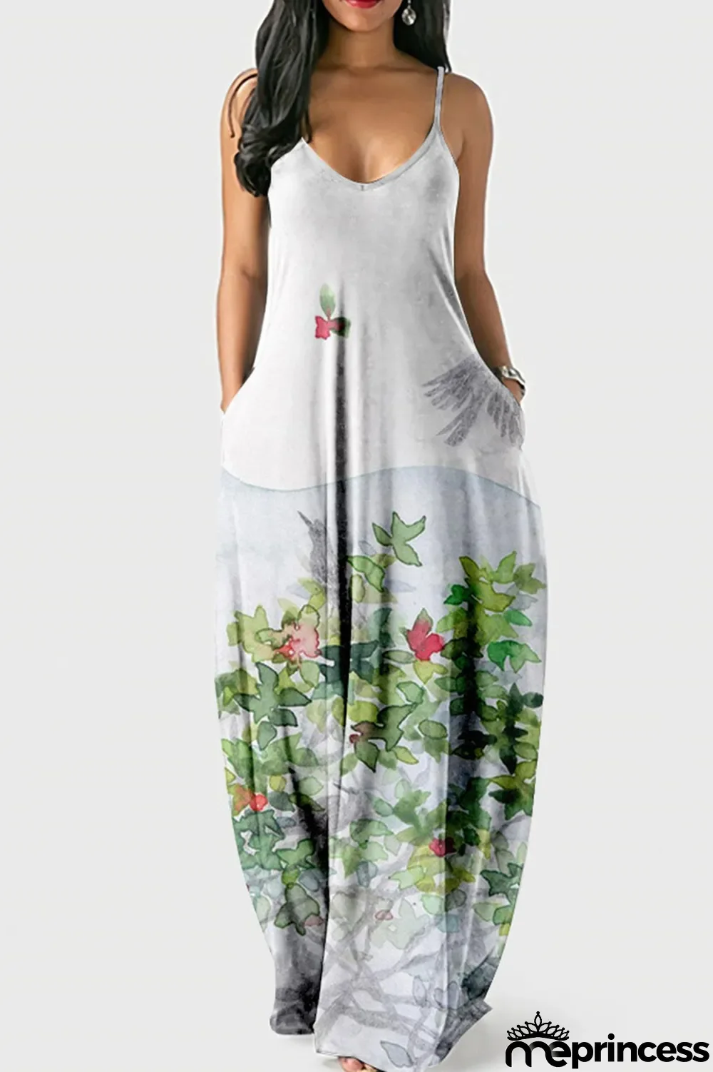 White Sexy Print Patchwork Spaghetti Strap Sling Dress Dresses