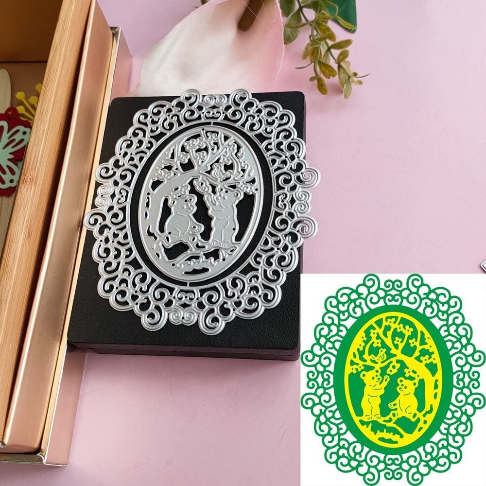 2PCS Ellipse Bear Lace Photo frame background Metal cutting Die DIY scrapbook Photo album Decoration Card