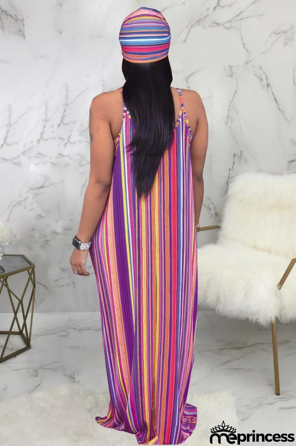 Green Polyester Sexy Fashion Tank Sleeveless Slip A-Line Floor-Length Print asymmetrical Striped Patchwork