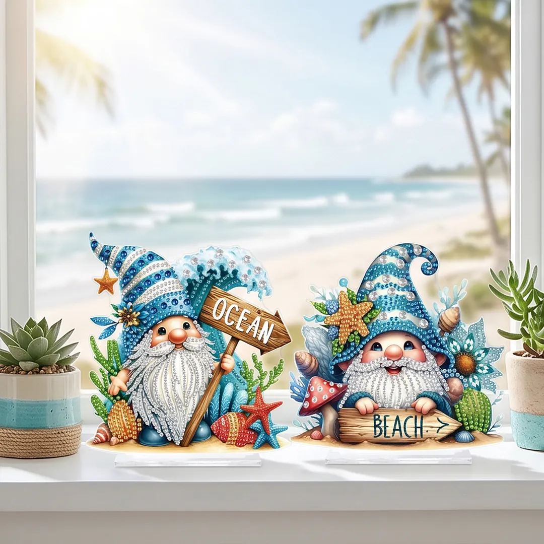 2Pcs DIY Diamond Art Tabletop Ornaments Reusable Special Gem Rhinestone Mosaic Craft Multi-Purpose Diamonds Art Suncatchers Flowers Gift for Craft Lovers (Beach Gnomes)