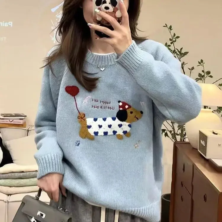 Toloer Dog Embroidery Knitted Sweater Pullover-Outfit Ideas
