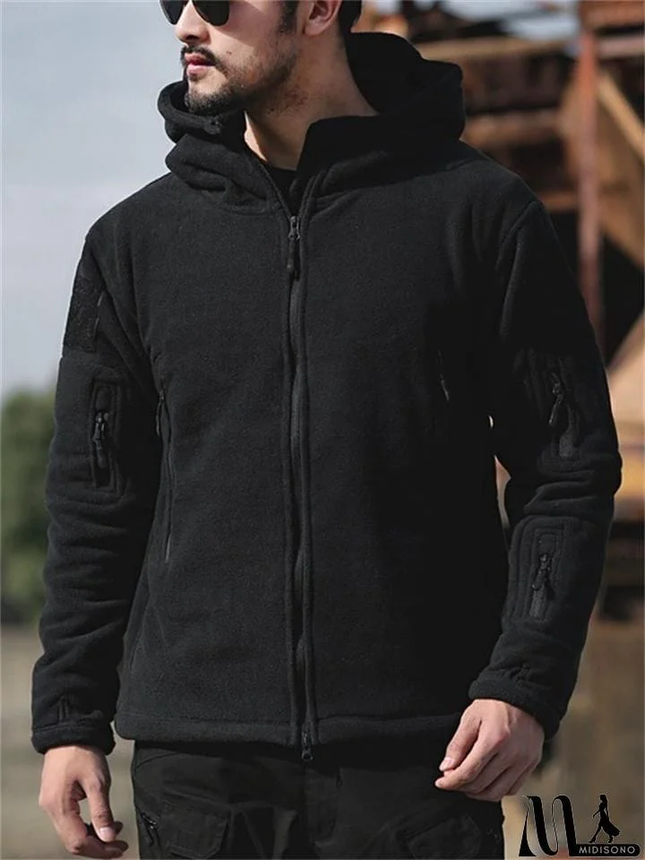 MidiSono - Men's Outdoor Warm Windproof Solid Color Hooded Sweatshirt