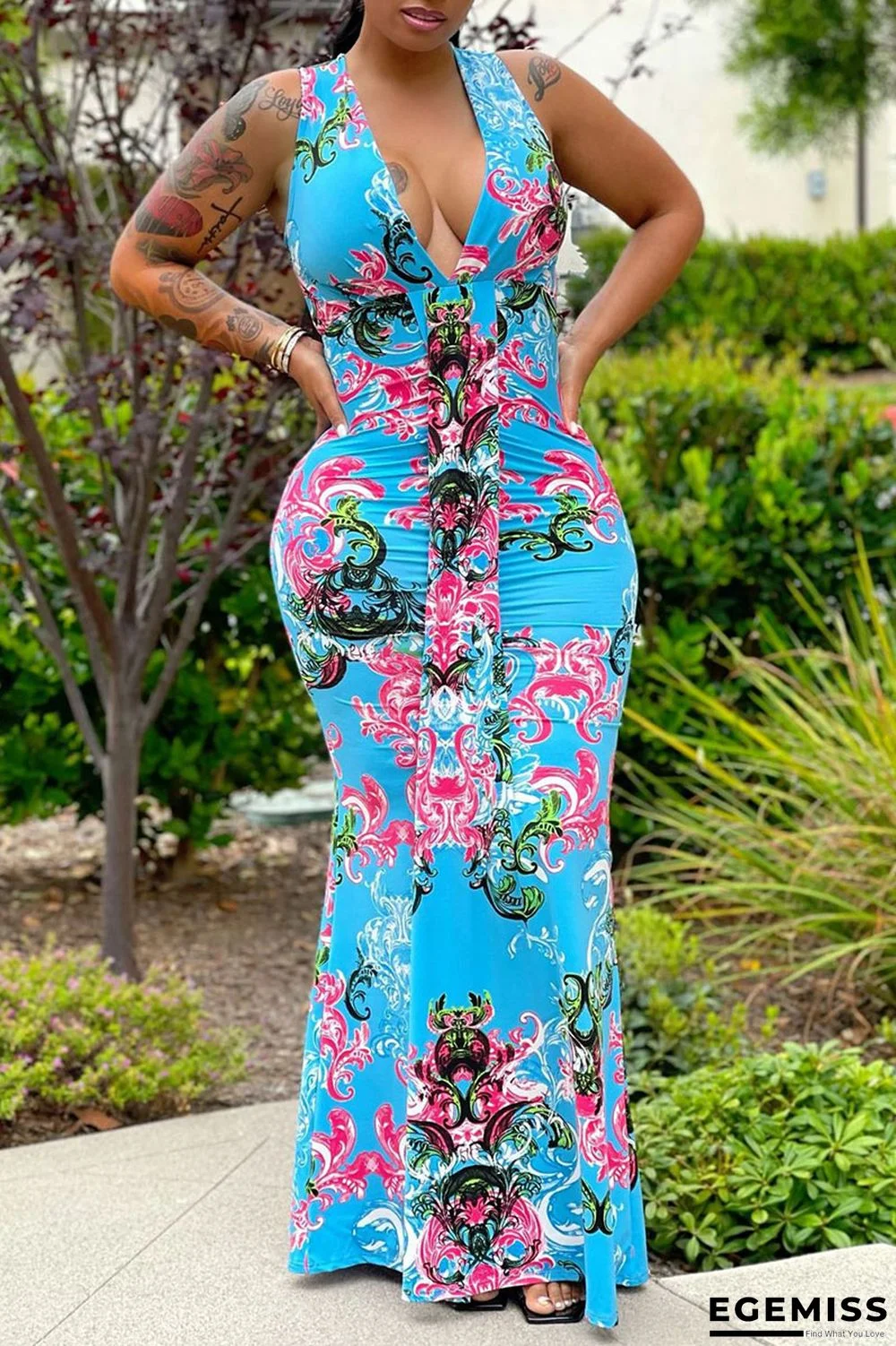 Blue Red Sexy Print Patchwork V Neck Vest Dress Dresses | EGEMISS