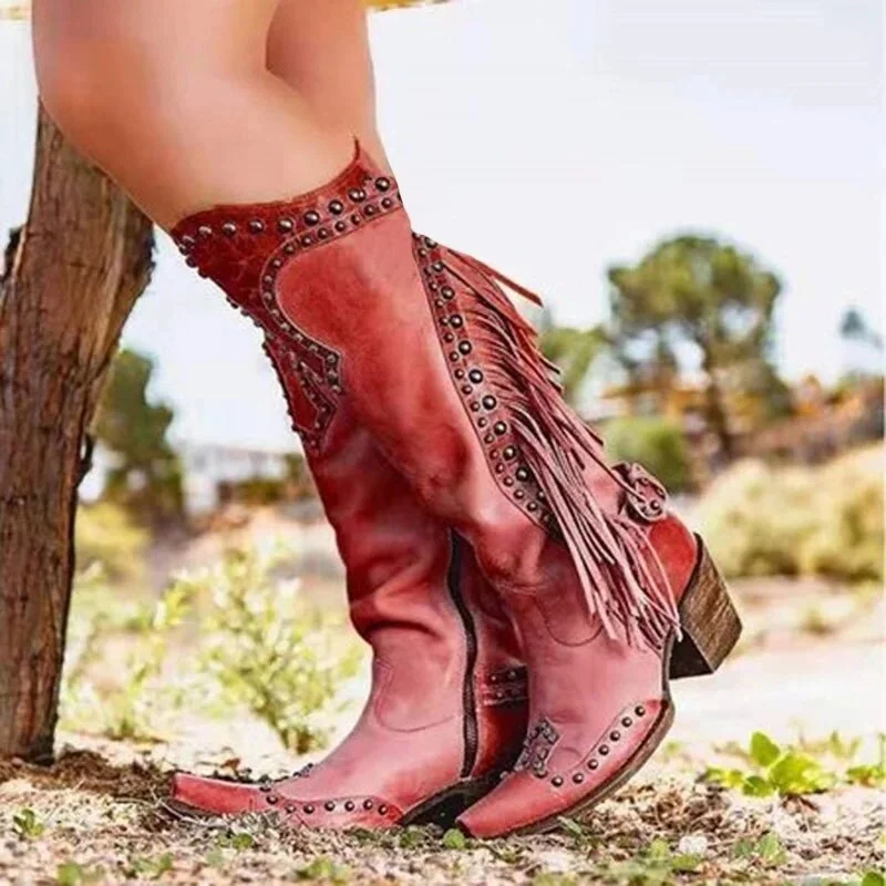 Qengg Cowgirls Cowboy Pointed Western Boots Brand Fringe Buckle Mid Calf Boots Shoes Chunky High Heels Shoes Woman