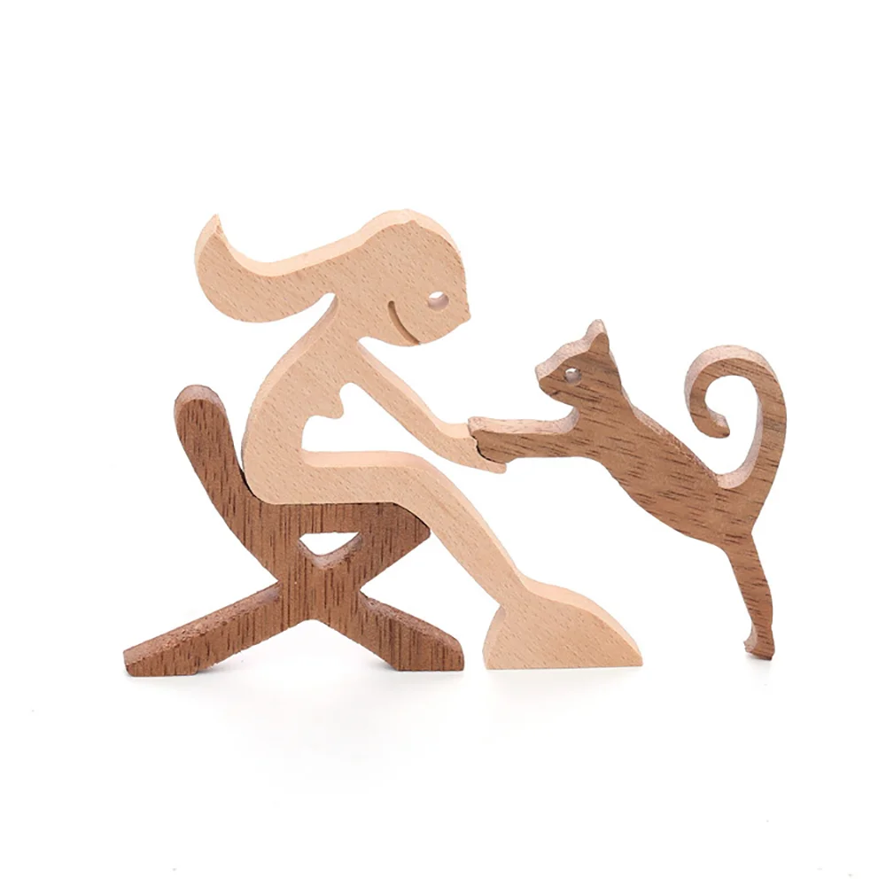Purexcellent™ Creative wooden girl and cat home desktop carving ornament