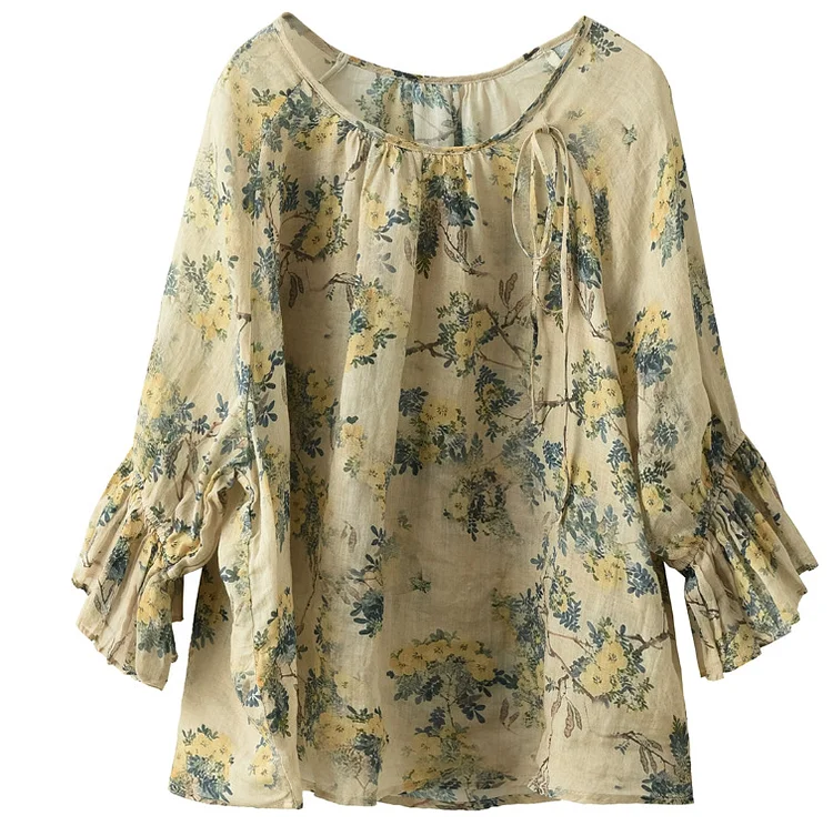Classic Ramie Flared Sleeve Top - yankia
