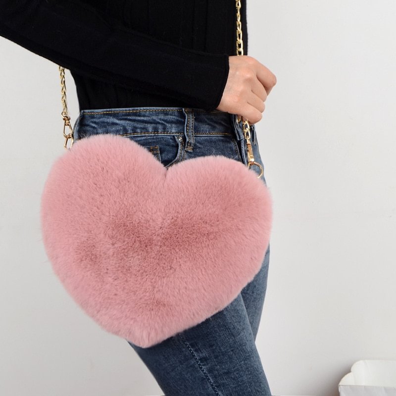 Fashion Women&#39;s Heart Shaped Handbags Cute Kawaii Faux Fur Crossbody Bags Wallet Purse Plush Chain Shoulder Bag Lady Handbag US Mall Lifes