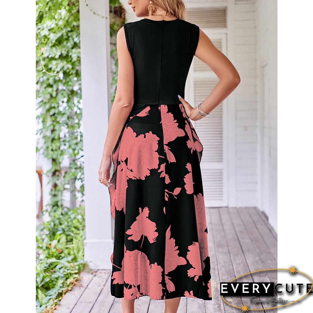 Pink Sleeveless Print Dress with Split