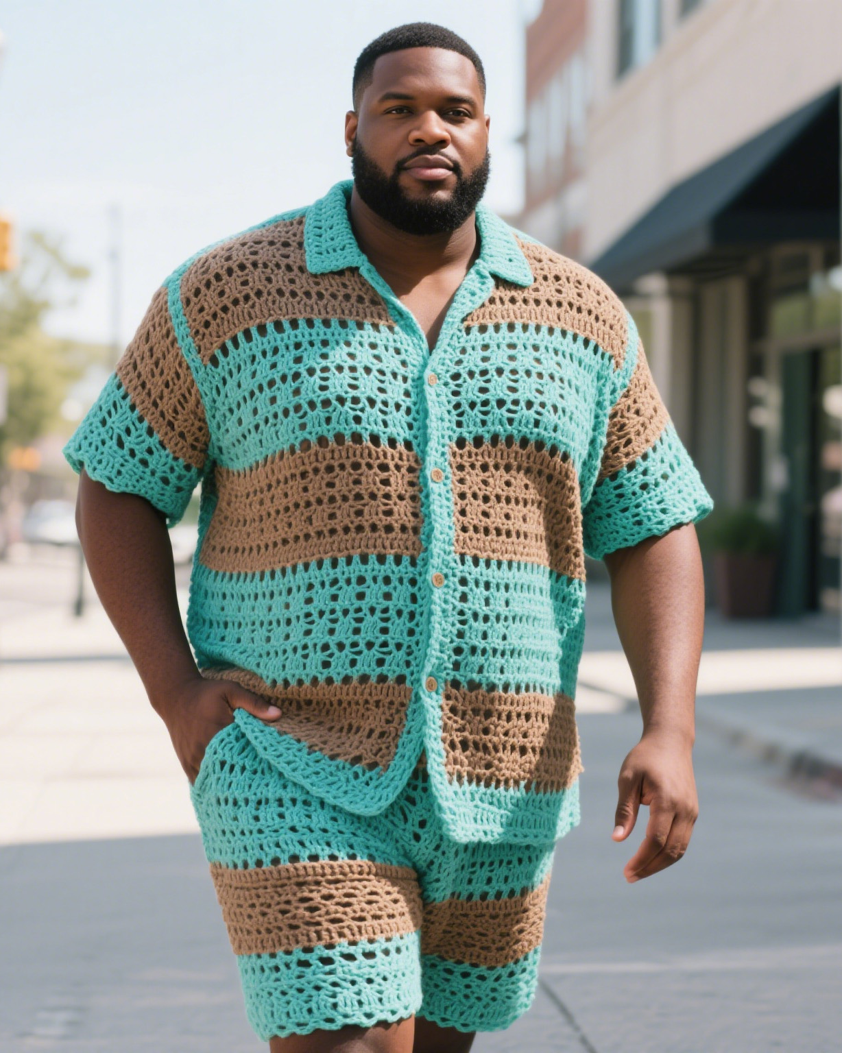 Men's Plus Size Bioluminescent Cyan Spell Rustic Terracotta Large Striped Crochet Shirt Shorts Suit