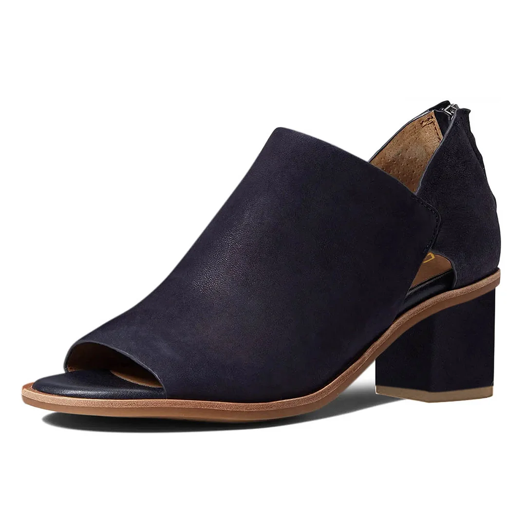 Navy Peep Toe Block Heel Cut-Out Booties for Women with Back Zipper