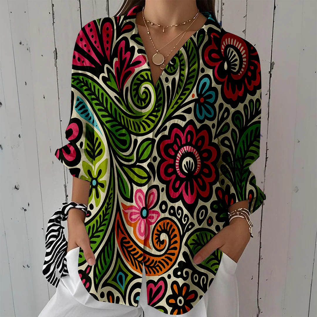 Style & Comfort for Mature Women Women Flowers, Red, Green DZCL0375 3/4 Sleeve Shirt Collar Printed Button Tops