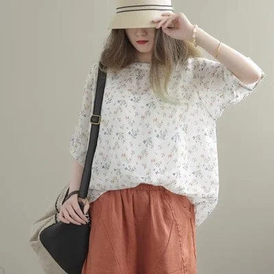 Summer Loose Retro Casual Floral Linen T-Shirt