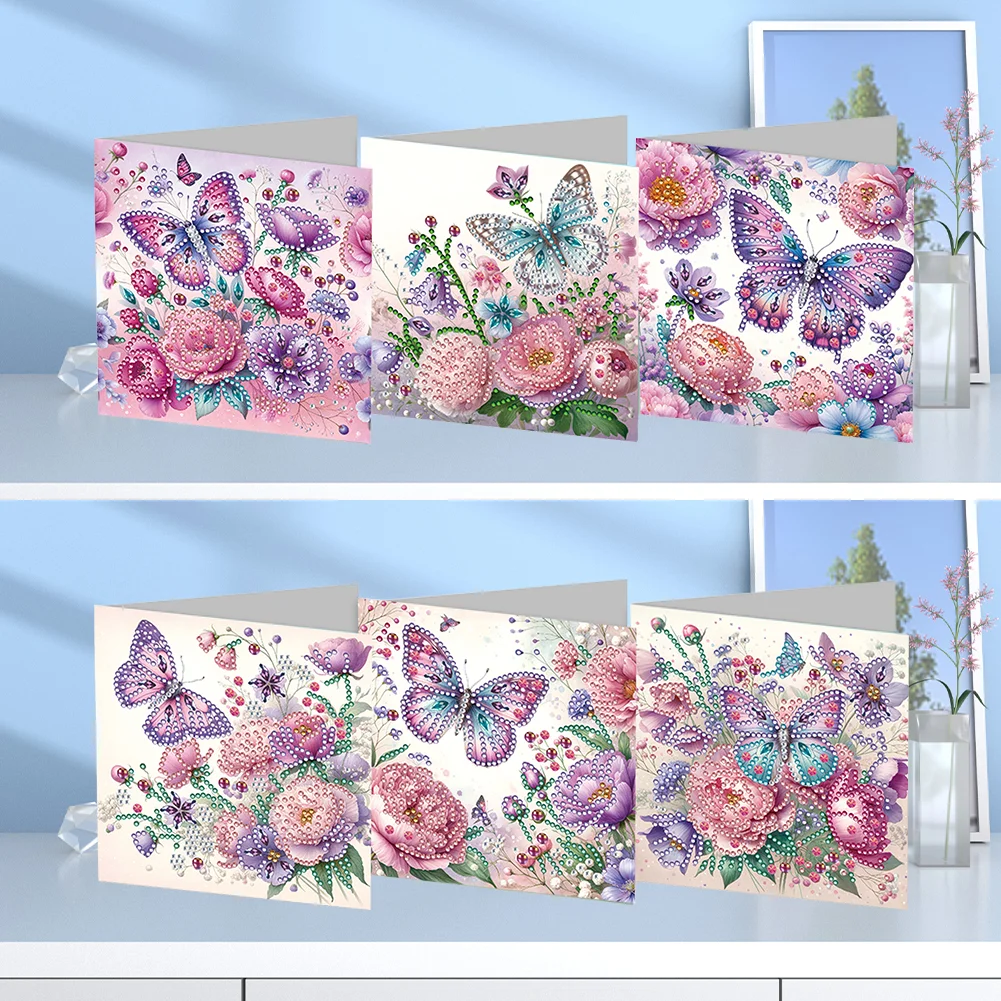 6Pcs Butterfly Rose DIY Diamond Painting Greeting Card 5D Drill Painting Card【With White Envelope】
