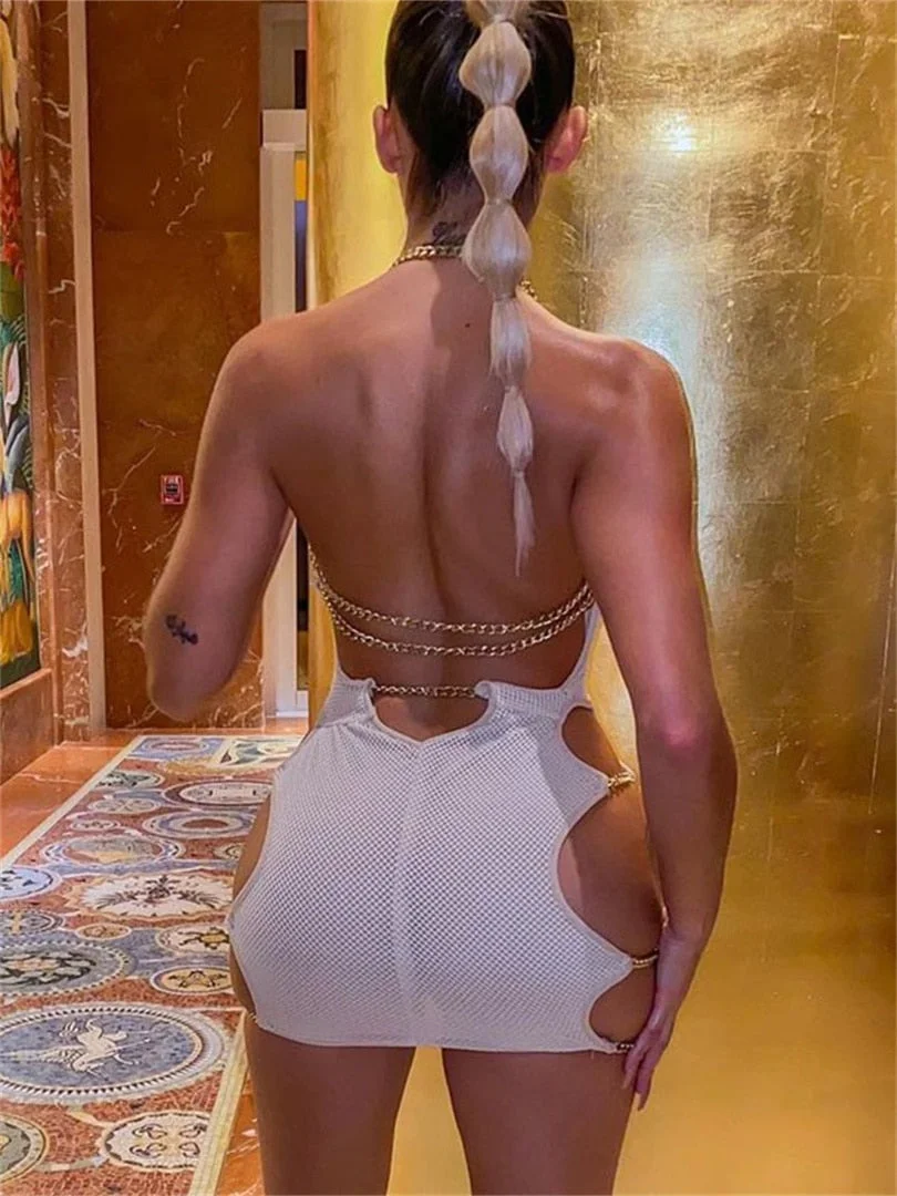 wsevypo Metal Chain Halterneck Bodycon Dress Women Sexy Sleeveless Cutout Hollow Mini Dresses Club Streetwear Backless Dress