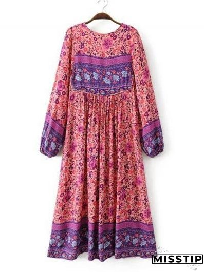 Women s Fashion Polyester Boho Tie Neck Long Sleeve Pleated Day Dress